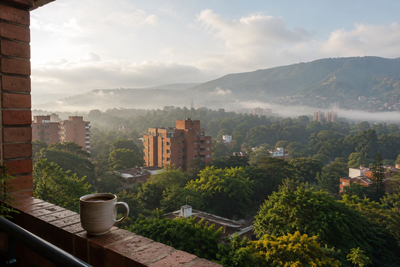 A view over the tree canopy of Laureles from a brick balcony at dawn