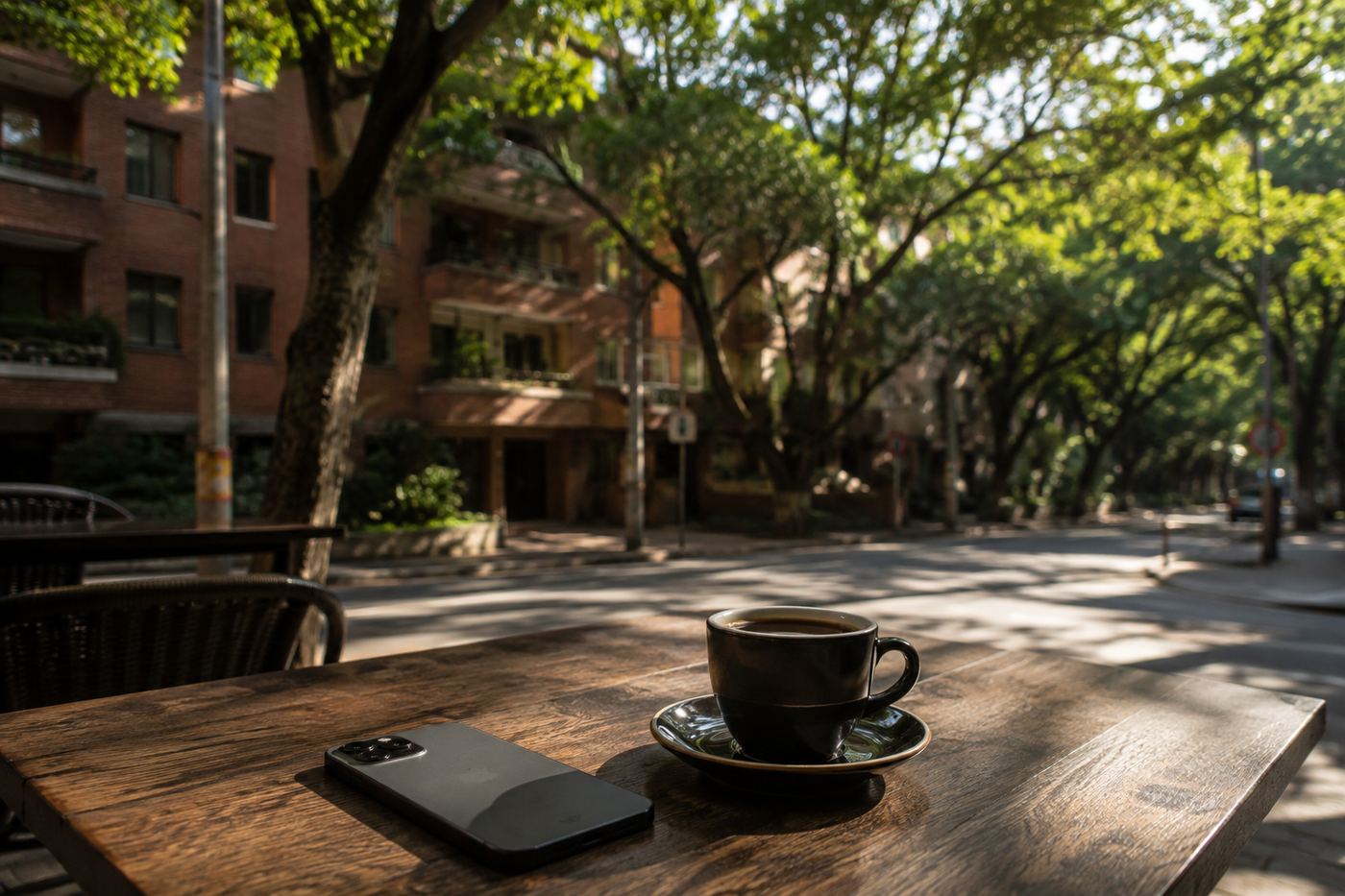 A coffee on a shaded pavement table in Laureles