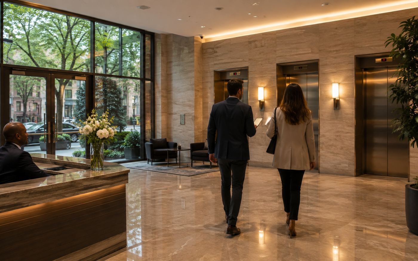 A broker and a client walking through an apartment building lobby